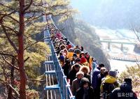“출렁다리는 스릴만점”…아찔한 소금산 출렁다리 개통...관광객들 인산인해