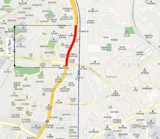 붉은 색 표시가 한전주 지중화 1단계 구간(당동 지하차도_우리은행 사거리).