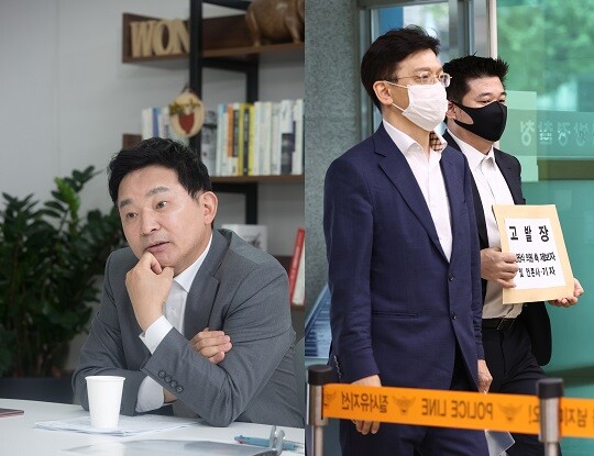 원희룡 전 제주 지사(왼쪽)와 현근택 변호사가 원 전 지사 부인의 소시오패스 관련 발언을 두고 설전을 벌였다. 사진=이종현 기자, 연합뉴스