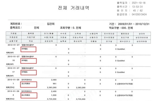 윤석열 후보 측이 10월 20일 공개한 김건희 씨의 신한증권(현 신한금융투자) 계좌 거래내역. 윤 후보 측은 개인정보 및 도이치모터스 외 다른 정보는 삭제하고 공개했지만, 빨간 네모에서 보이듯이 ‘매도’ ‘매수’ ‘이체출금’ 등 거래구분은 삭제하지 않고 모두 남겨뒀다. 사진=윤석열 국민캠프 법률팀