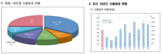 산불 원인 중 가장 많은 것은 입산자의 실화로 지난해 발생한 산불 중 217건이었다. 실화자 중 검거된 경우는 32명(14.7%)에 불과하다. 자료=산림청