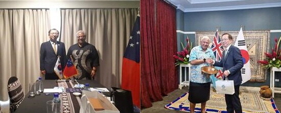 사모아 총리 면담 모습(왼쪽)과 피지 총리 면담 장면. 사진=부산시 제공