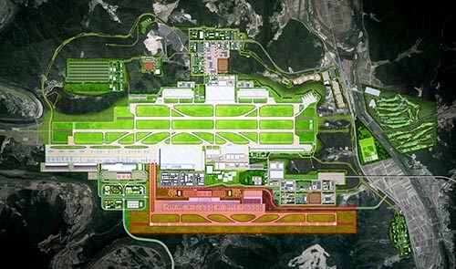 대구시가 제작한 대구경북통합신공항 조감도, 대구시는 붉은색 부분은 2단계 확장계획을 반영했고, 향후 계획 단계에서 변경될 수 있다고 밝혔다. 사진=대구시 제공