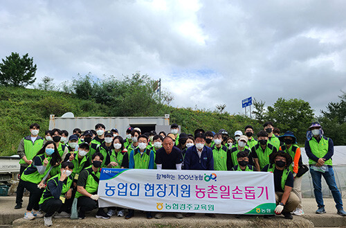 지난 15일 농협경주교육원 교직원과 범농협 신규직원 교육생들이 태풍 '힌남노' 피해로 어려움을 겪는 농가를 찾아 피해복구 활동을 벌였다. 사진= 농협경주교육원 제공