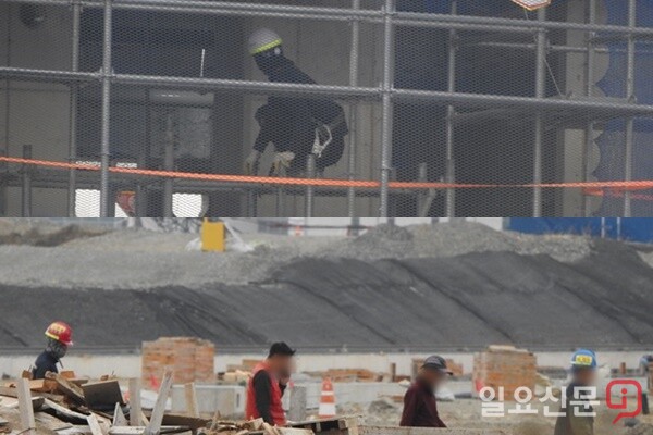 고소작업자가 안전고리를 체결하지 않고 작업 중인 모습(상단)과 공사장을 이동하는 근로자 가운데 일부가 안전모를 착용하지 않은 모습. 사진=정민규 기자