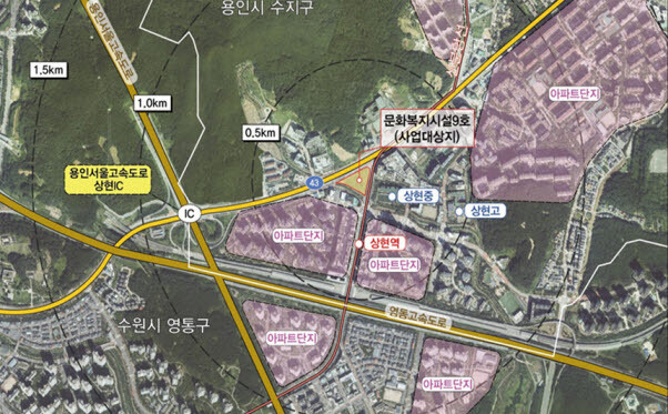 수지구 상현동 광교택지지구 내 다목적 스포츠센터 건립 예정지 위치도. 사진=용인시 제공