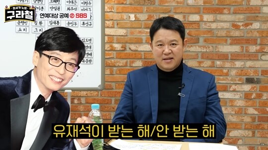 김구라는 ‘구라철’을 통해 “SBS와 MBC는 유재석이 (연예대상을) 받는 해와 받지 않는 해로 나뉜다”고 분석했다. 김구라가 밝힌 ‘공식’ 대로라면, 지난해 SBS 연예대상을 놓친 유재석이 올해 다시 왕좌를 차지할 가능성도 있다. 현실로 이뤄진다면 SBS에서만 7번째 대상 수상이다. 사진=웹예능 ‘구라철’ 방송 화면 캡처