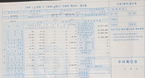 화상 치료는 비용이 너무 많이 나와 박 씨 가족을 힘들게 했다. 15일 치료비가 3000만 원이 나와 중간 계산을 한 영수증. 사진=박 씨 어머니 제공