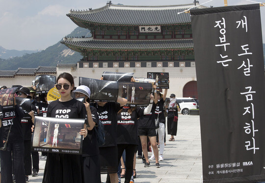 지난 2018년 동물보호단체들이 서울 한복판에 모여 '개식용 반대'를 골자로 하는 집회를 개최했다. 사진=이종현 기자