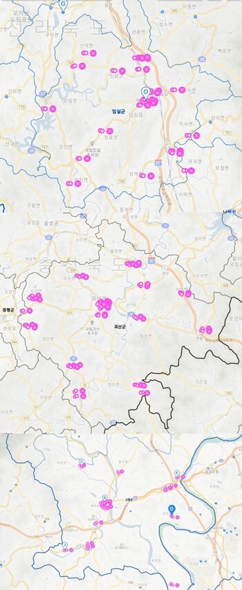 전북 임실군(위), 충북 괴산군(중간), 경북 고령군(아래)을 대상으로 고위험 성범죄자의 거주가 제한되는 유치원, 어린이집, 초등학교로부터 반경 300m를 적용해본 결과다. 사진=카카오맵 캡처