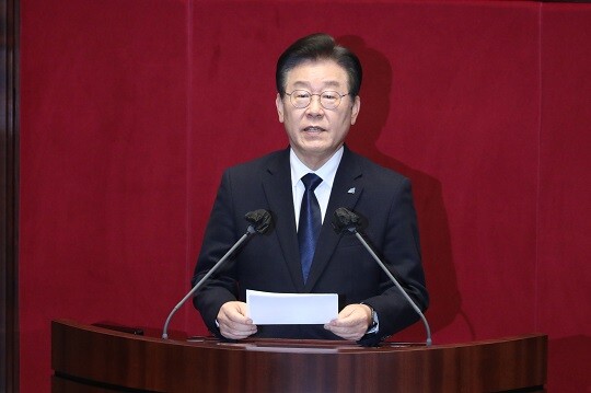 이재명 대표가 2월 27일 국회에서 열린 본회의에서 본인의 체포동의안에 관해 신상발언을 하고 있다. 사진=박은숙 기자