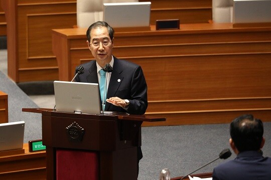 한덕수 국무총리가 3일 오후 국회에서 열린 정치·외교·통일·안보 분야 대정부질문에서 발언하는 모습. 사진=박은숙 기자