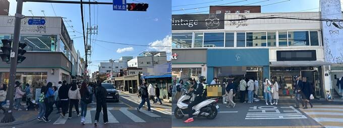 주말 성수동 카페거리 전경. 오른쪽은 한 팝업스토어에 들어가기 위에 사람들이 길게 줄지어 선 모습. 사진=김정아 기자