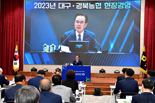 이성희 농협중앙회장이 소통경영을 위해 대구·경북농협 현장경영을 갖고 있다. 사진=경북농협 제공