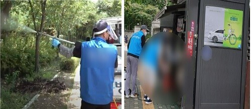 서울 한 자치구가 최근 올린 영상(왼쪽)만 보더라도 상당수의 방역 노동자가 방진복 착용 없이 곳곳에 소독제를 분사하고 있다. 이는 방역제 피해자 김정태 씨(오른쪽)가 일할 당시와 크게 다르지 않다. 사진=유튜브 갈무리·김정태 씨 제공