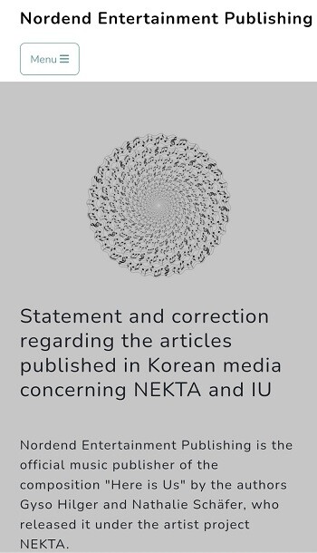 지난 6월 11일 넥타의 곡 '히어즈 어스'의 공식 출판사인 노르트엔트 엔터테인먼트 퍼블리싱사가 표절 논란에 대해 공식입장을 밝혔다. 사진=노르트엔트 엔터테인먼트 퍼블리싱 홈페이지 캡처