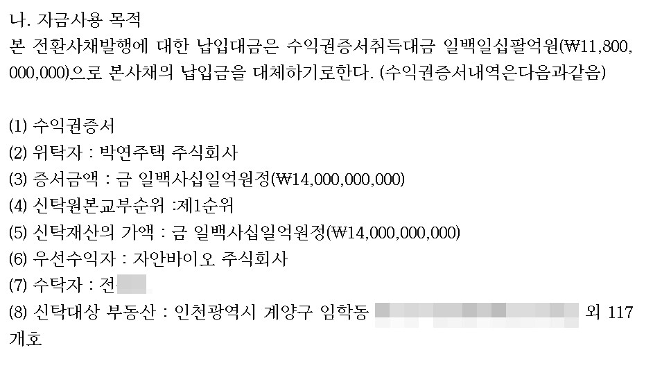 2021년 자안바이오 전환 사채 발행 공시에는 박연주택이 등장한다. 사진=전자공시시스템 캡처