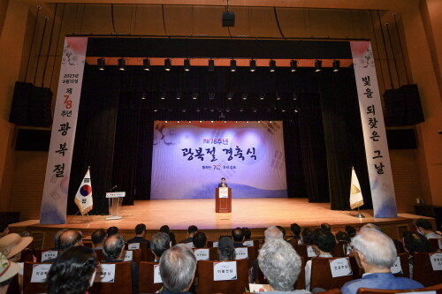 김병수 김포시장이 15일 김포아트홀에서 열린 ‘제78주년 광복절 경축식’에서 경축사를 하고 있다. 사진=김포시 제공