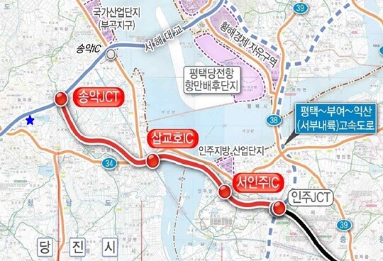 당진~천안고속도로 당진~아산 구간 위치도. 파란색 별(★)로 표시한 곳에 최은순 씨 소유 충청남도 당진시 송악읍 영천리 임야 1652평이 있다. 사진=한국도로공사 제공