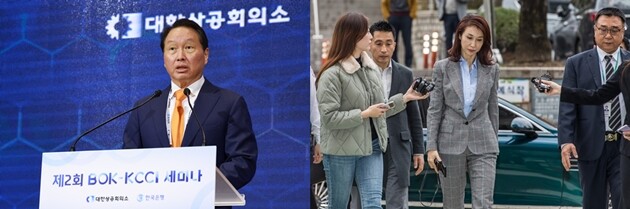 최태원 SK그룹 회장(왼쪽)과 노소영 아트센터 나비 관장(오른쪽). 사진=연합뉴스‧최준필 기자