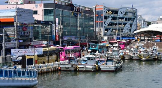 지난 26일 주말 포항 죽도어시장 주차장이 전국에서 온 관광버스로 붐비고 있다. 사진=포항시 제공