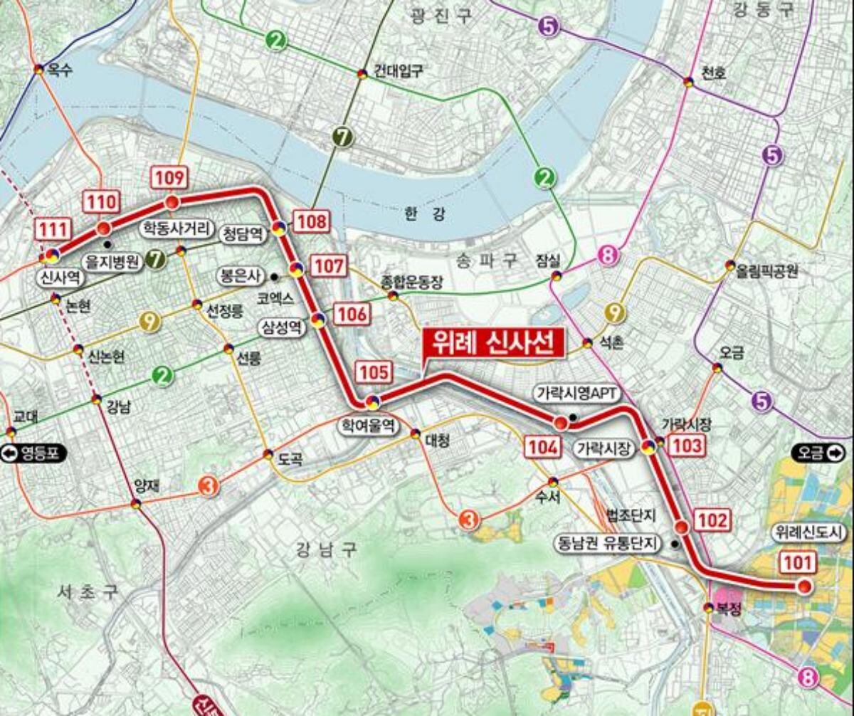 서울시가 2020년 1월 보도자료를 통해 공개한 위례신사선 추진 노선도. 사진=서울시 제공