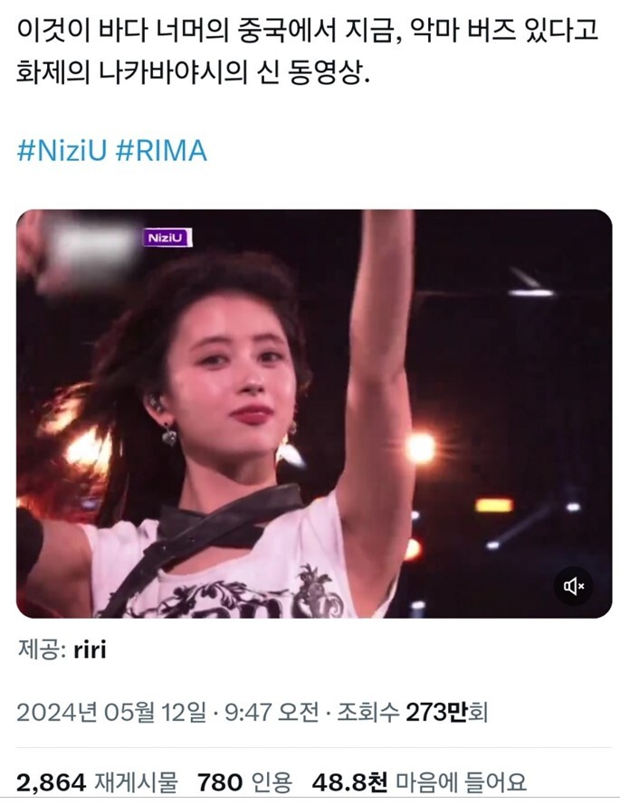 니쥬 멤버 리마 콘서트 장면 영상은 한 일본 트위터 사용자 영상에서만 273만 회를 기록했다. 사진=X(트위터) 캡처