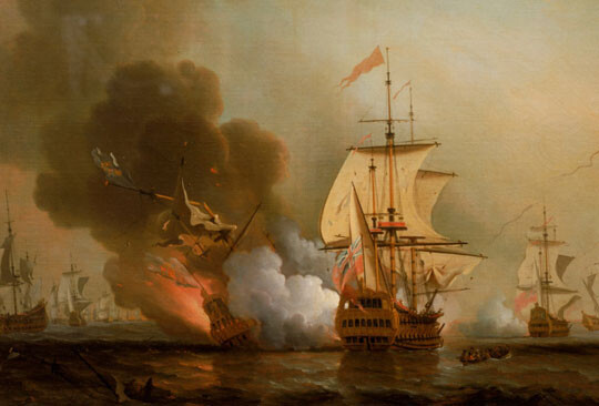 1708년 영국 함선에 의해 카르타헤나 앞바다에서 침몰하는 산호세호의 모습. 영국 화가 새뮤얼 스콧의 그림이다.