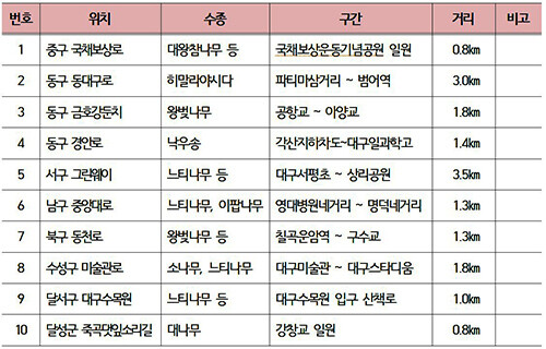 대구시 '명품 가로숲길' 10곳. 자료=대구시 제