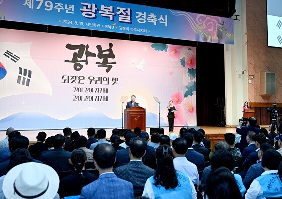 제79주년 광복절 경축식 개최사 연설을 하는 김경일 파주시장. 사진=파주시 제공