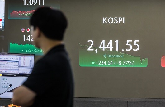 2024년 8월 5일 코스피가 급락 사태를 겪어 전장 대비 8.77% 하락한 2441.55까지 떨어졌다. 한국거래소는 거래를 일시중지하기도 했다. 사진=최준필 기자