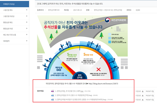 권익위 자료실에 따르면 2017년부터 청탁금지법 관련 홍보자료가 배포된 것을 볼 수 있다. 다만 과거 홍보자료는 더 완곡한 형식으로 제작되거나 자세한 설명자료가 함께 나갔다. 사진=국민권익위원회 홈페이지