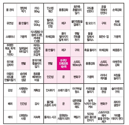 오타니가 고등학교 1학년 때 세운 목표달성표 만다라트. 인성 정신력 운까지 세심하게 신경 썼다. 자료=스포츠닛폰