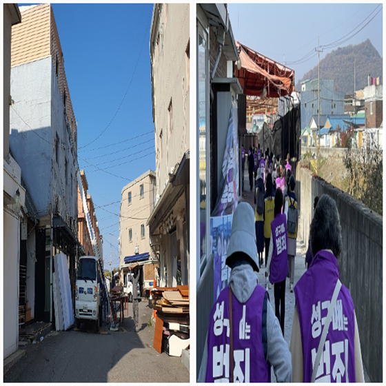 성매매 집결지 자진철거 현장(왼쪽), 성매매 집결지 폐쇄를 위해 나선 시민들(오른쪽). 사진=파주시 제공