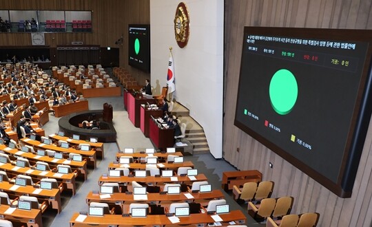 11월 14일 서울 여의도 국회에서 열린 본회의에서 ‘김건희 특검법 수정안’이 야당 단독으로 재석 의원 191인 중 찬성 191인으로 가결되고 있다. 사진=박은숙 기자