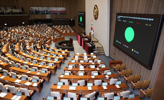 11월 14일 서울 여의도 국회에서 열린 본회의에서 ‘김건희 특검법 수정안’이 야당 단독으로 재석 의원 191인 중 찬성 191인으로 가결되고 있다. 사진=박은숙 기자