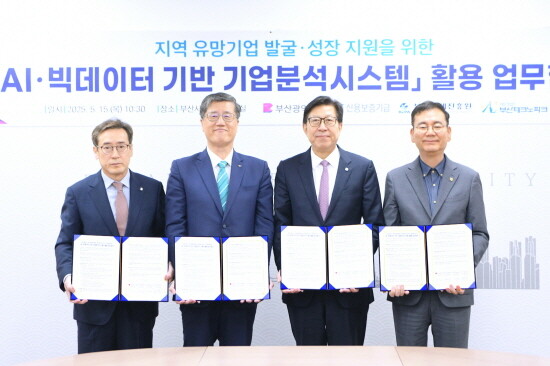 협약식 장면. 왼쪽부터 송복철 (재)부산경제진흥원장, 최원목 신용보증기금 이사장, 박형준 부산시장, 김형균 (재)부산테크노파크 원장. 사진=부산시 제공