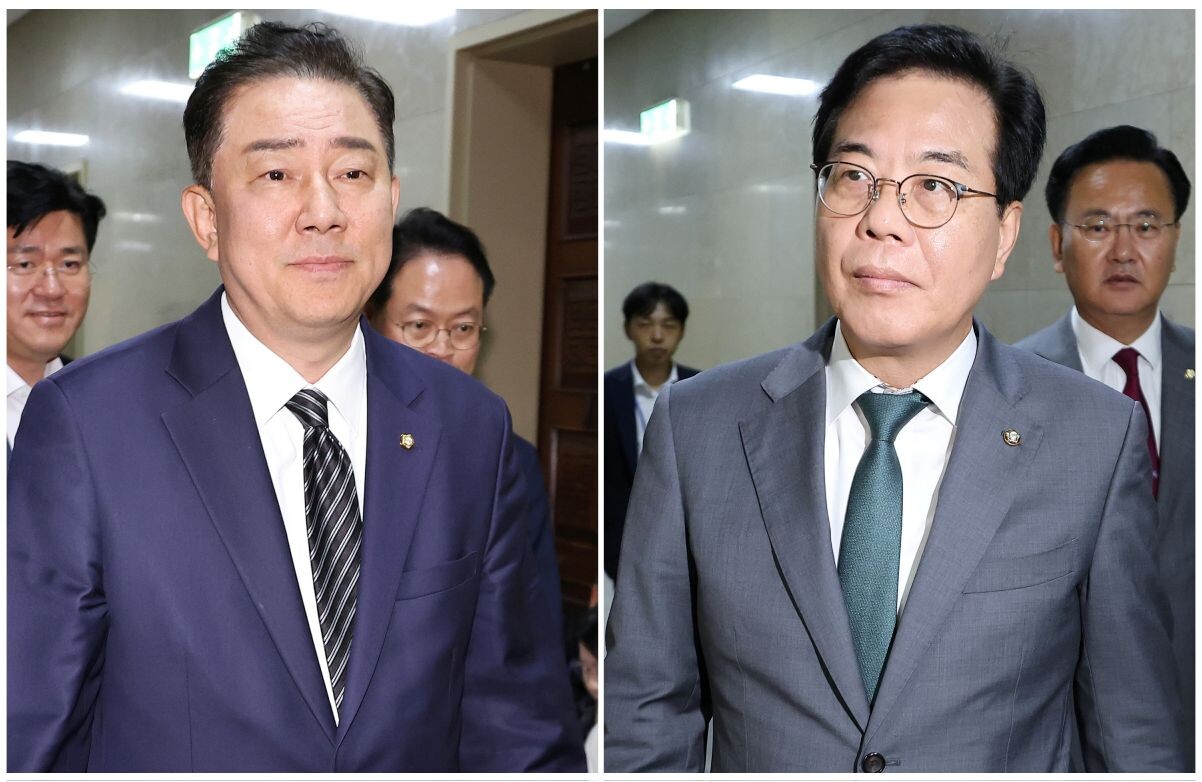 김병기(사진 왼쪽), 송언석 원내대표(사진 오른쪽)가 18일 국회에서 인사청문보고서 채택 논의를 위해 운영위원장실로 들어가고 있다. 사진=연합뉴스