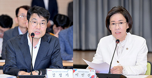 '대구시 국정과제화 추진사업과 2026년도 국비확보 사업'을 논의하는 예산정책협의회가 25일 대구시청 산격청사에서 열리고 있다. 사진 왼쪽 김정기 대구광역시장 권한대행 행정부시장. 오른쪽 이인선 국민의힘 대구시당 위원장. 사진=대구시 제공