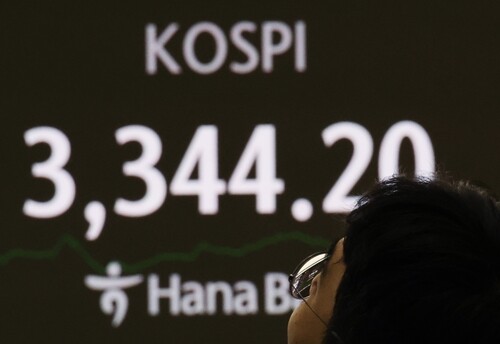 지난 9월 11일 하나은행 본점 딜링룸 전광판에 코스피 종가가 표시돼 있다. 이날 코스피는 29.67p(0.90%) 오른 3344.20으로 마감했다. 사진=최준필 기자