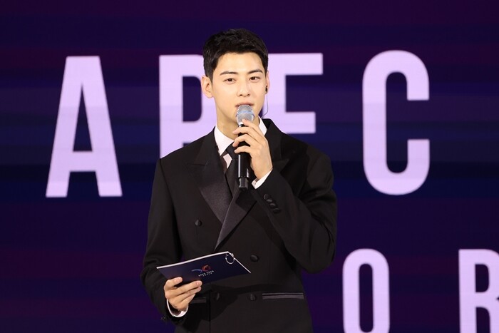 국방부 근무지원단에서 현역 복무 중인 차은우는 APEC 환영 만찬의 진행을 맡았다. 사진=연합뉴스