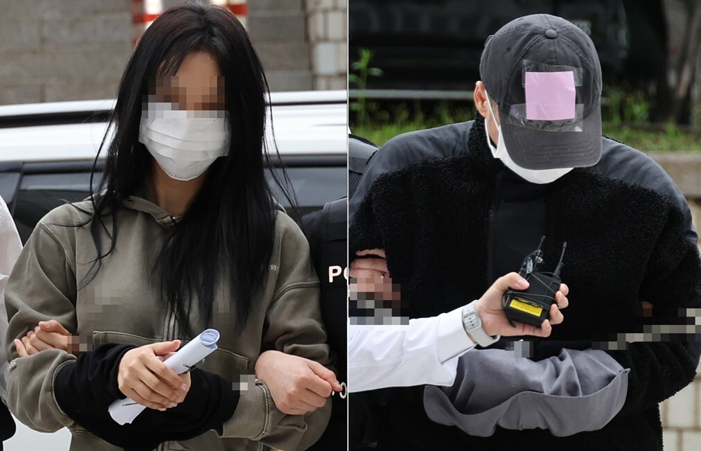 축구 국가대표팀 주장 손흥민의 아이를 임신했다고 주장하며 손씨에게 돈을 뜯어내려 한 20대 여성 양모씨(왼쪽)와 40대 남성 용모씨가 5월 17일 영장실질심사를 받기 위해 서울중앙지법에 들어서고 있다. 사진=연합뉴스