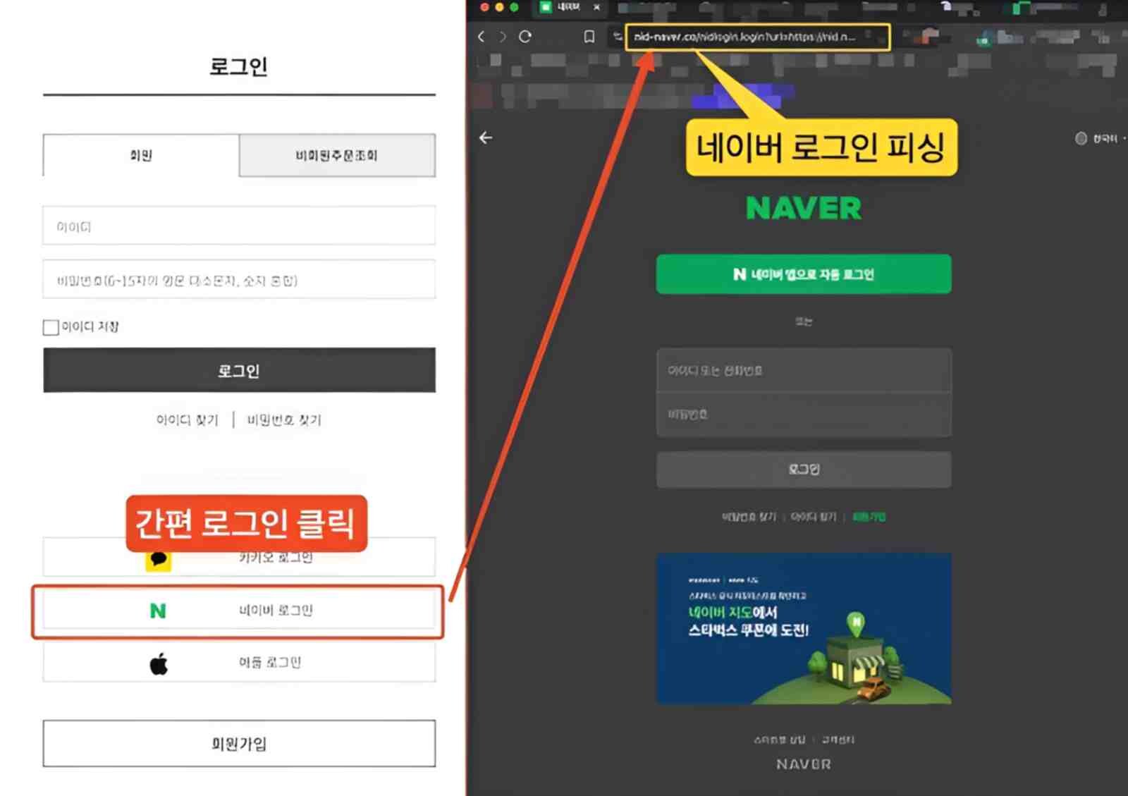 네이버 간편 로그인 피싱 예시. 사진=네이버 공지 사항 캡처