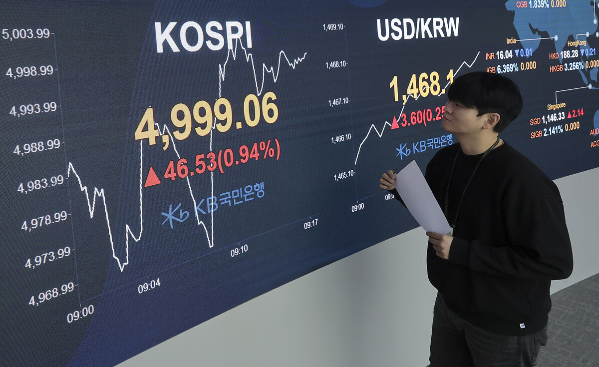 코스피 5000 돌파 순간을 촬영하기 위해 기다리는 취재진을 위해 국민은행 딜링룸 전광판 앞에서 직원이 대기 중이다. 사진=박정훈 기자