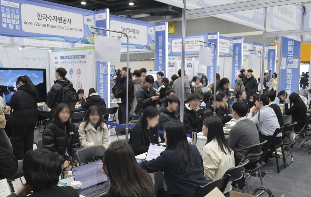 구직자들이 각 기관 부스에서 채용 상담을 하고 있다.