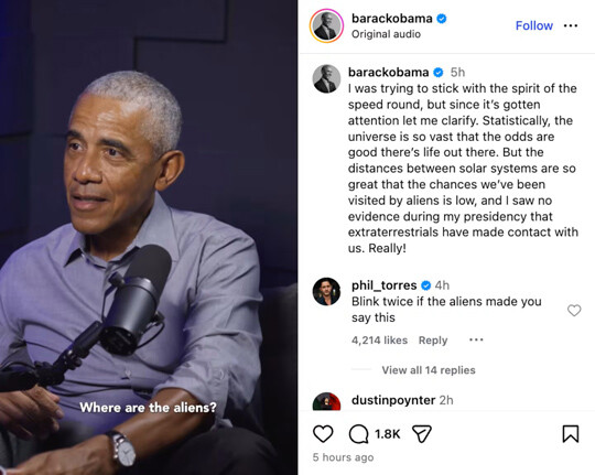 외계인 논란이 걷잡을 수 없이 커지자 결국 오바마는 인스타그램을 통해 해명글을 올렸다. 사진=버락 오바마 인스타그램