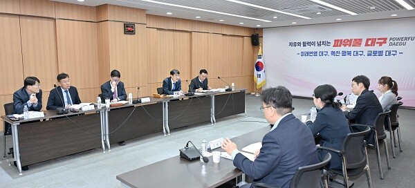 시청 동인청사에서  'K-아이웨어 파크' 조성사업 추진상황을 점검하고 있다. 사진=대구시 제공