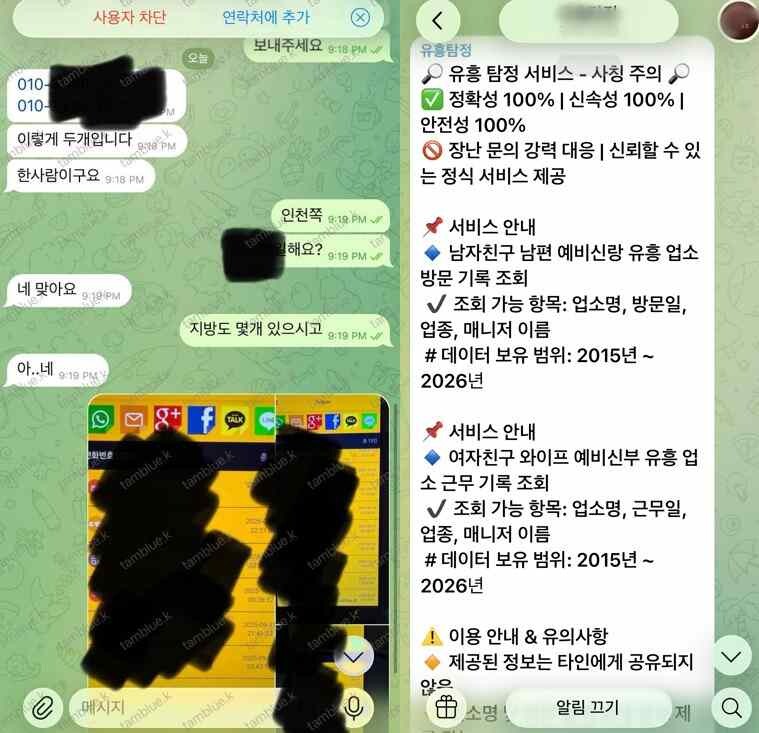 최근 텔레그램 등 SNS에서 성매수자의 유흥업소 출입 내용을 확인해 주는 ‘유흥탐정’이 다시 등장했다. 업자가 기자에게 보낸 후기 사진 및 대화 내역. 사진=한승구 기자