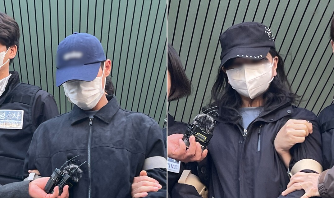 대구 북부경찰서 나오는 '캐리어 시신' 20대 사위와 딸. 사진=연합뉴스
