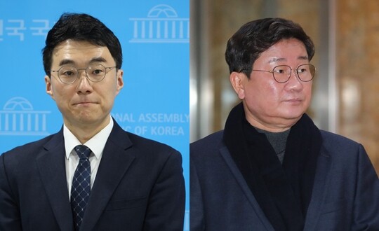 경기 안산갑 국회의원 보궐선거에 출마한 김남국 민주당 대변인과 전해철 전 의원. 사진=박은숙 기자